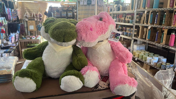 Plush Sitting Croc with bib - pink and green